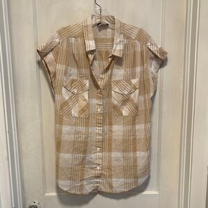 Vintage Golden Wings Tan Plaid Short Cuffed Cap Sleeve Pleated Button Shirt